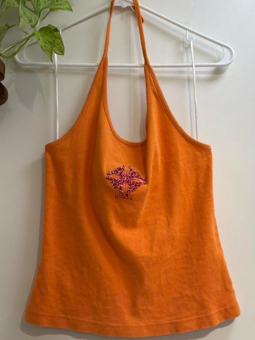 Vintage 90s orange Guess halter top with bead embroidered detail 🍊💋